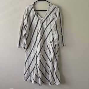 Soft Surroundings Linen Blend Long Sleeve Midi Dress White Black Stripes XL